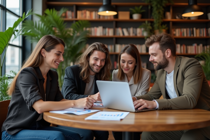Groupe de millennials discutant de finances dans un café