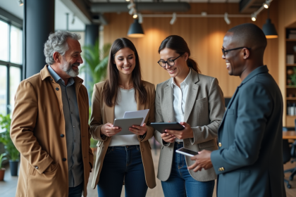 Groupe de professionnels divers dans un bureau moderne souriant