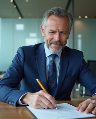 Homme d'affaires en costume bleu dans un bureau moderne