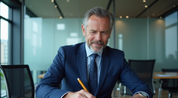Homme d'affaires en costume bleu dans un bureau moderne