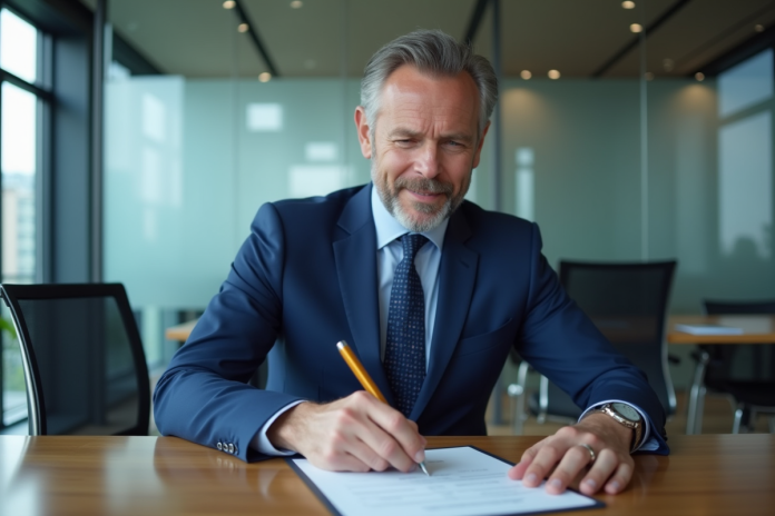 Homme d'affaires en costume bleu dans un bureau moderne