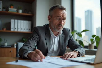 Homme d'affaires en costume gris réfléchissant à ses finances