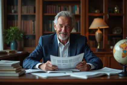 Homme d age en costume lisant des journaux dans un bureau