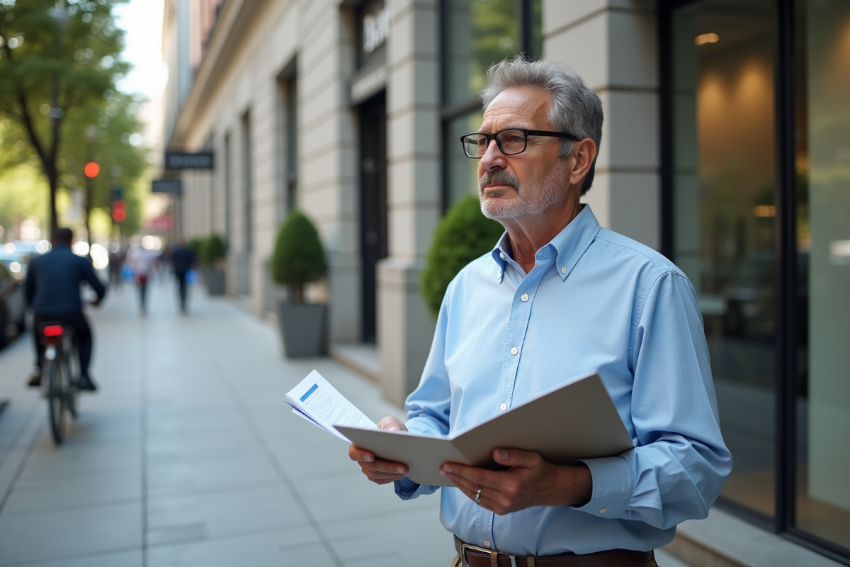 Homme d age devant une agence bancaire en ville
