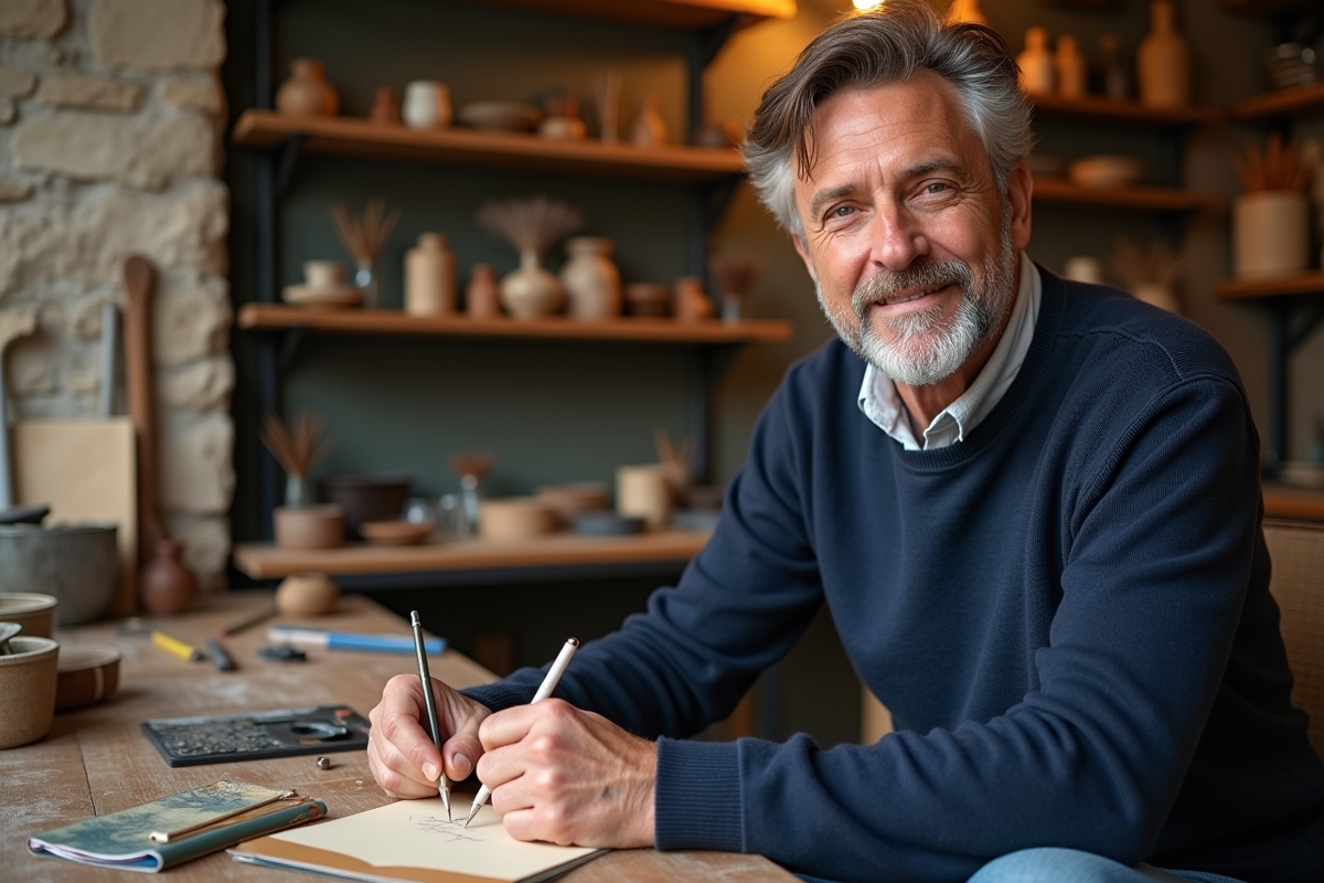 Homme créatif écrivant dans un atelier artisanal parisien