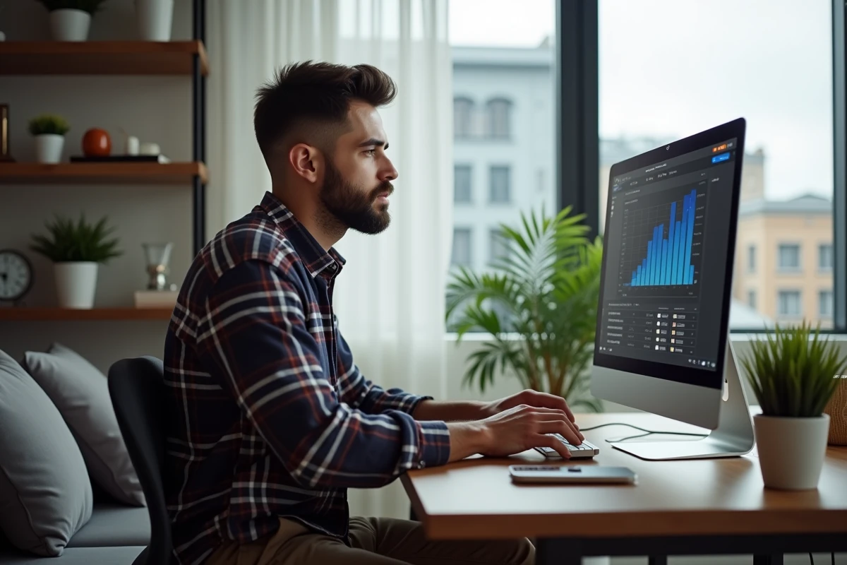 Homme sauvegardant des fichiers de jeux dans un salon lumineux