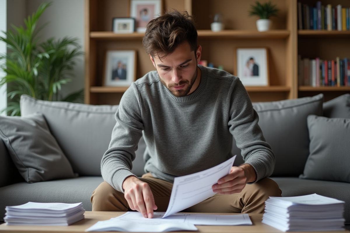 Homme organisant ses factures sur un canapé dans le salon