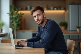 Homme décontracté travaillant sur son ordinateur dans un appartement moderne