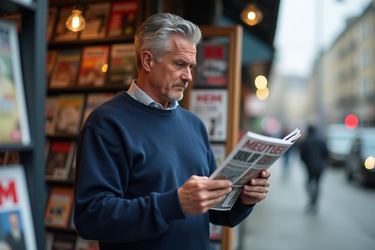Homme comparant des numéros de magazine dans un kiosque à journaux urbain pour choisir entre abonnement et achat à l'unité