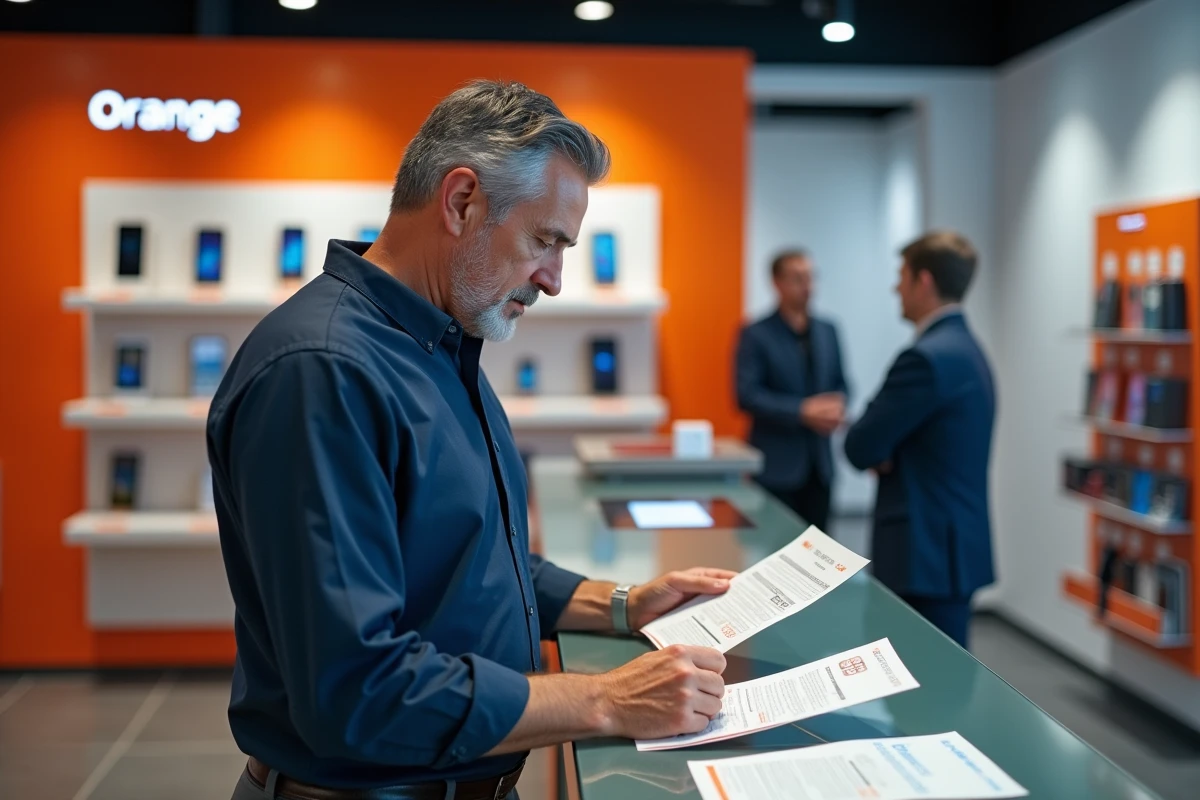 Homme comparant des forfaits carte SIM Orange dans une boutique de téléphonie