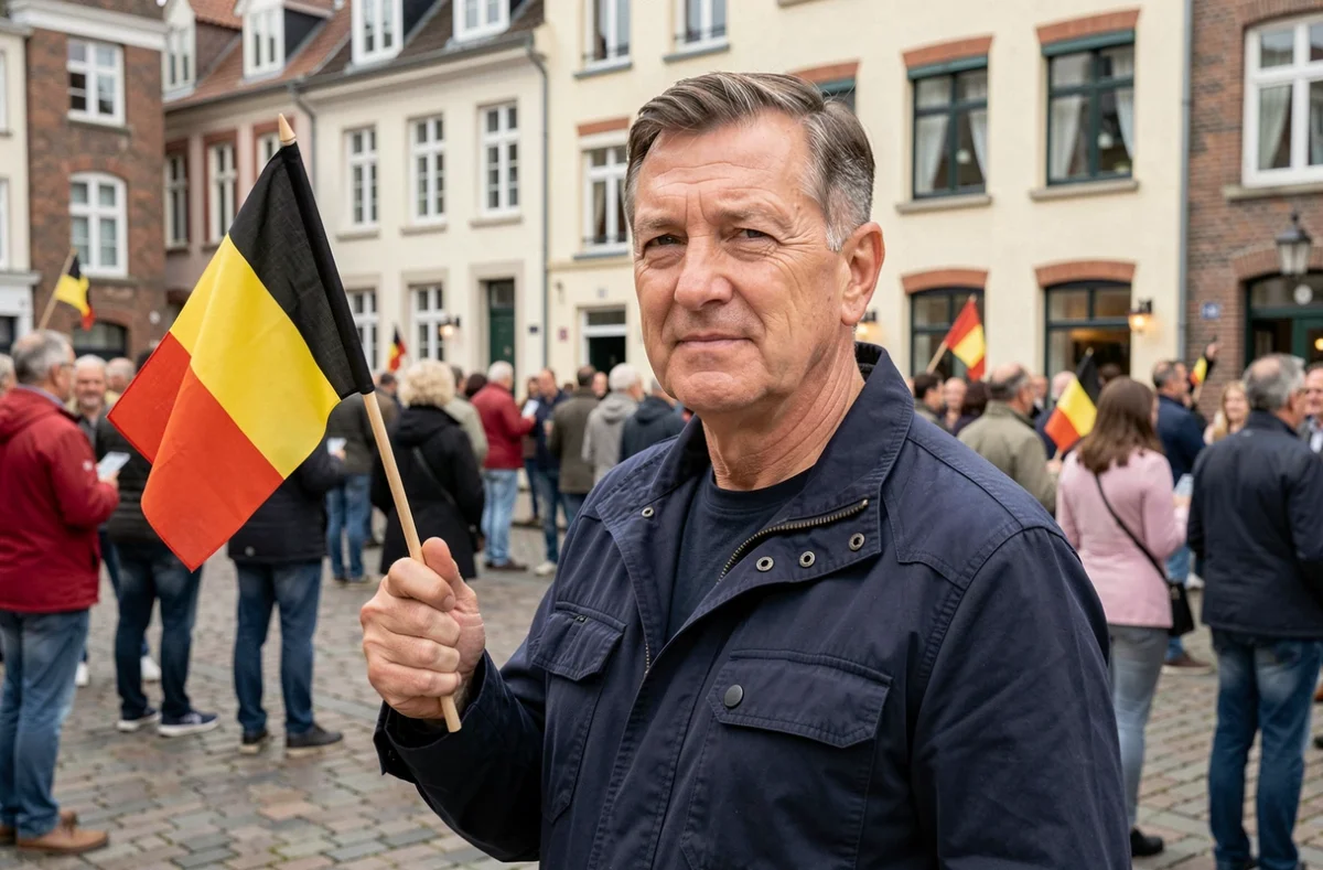 Homme tenant un petit drapeau belge lors d'une célébration nationale en Belgique