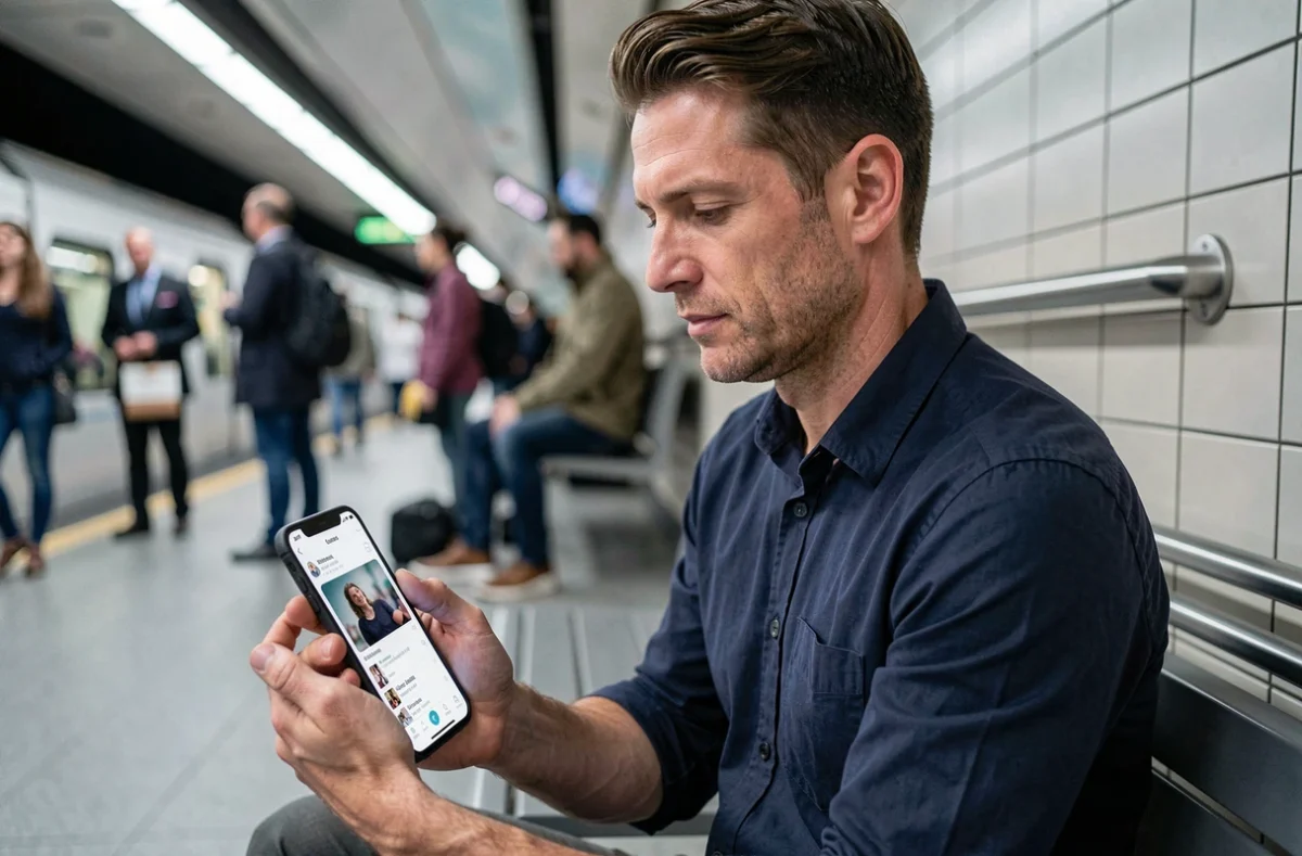 Homme consultant Eliterencontre sur smartphone dans les transports en commun