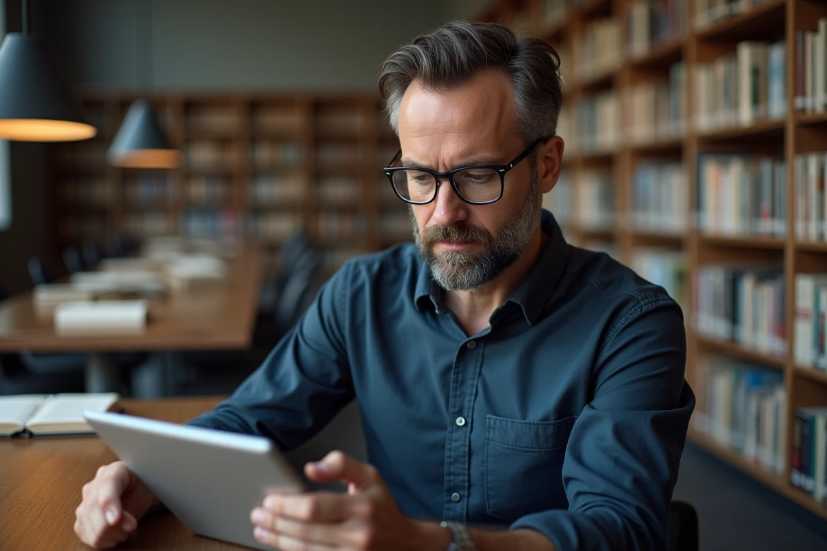 Homme avec lunettes consultant une encyclopédie collaborative sur tablette dans une bibliothèque publique moderne