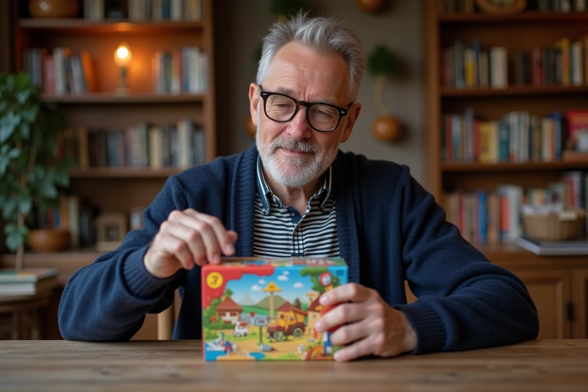 Homme d'âge moyen évaluant un jeu de société dans une bibliothèque chaleureuse