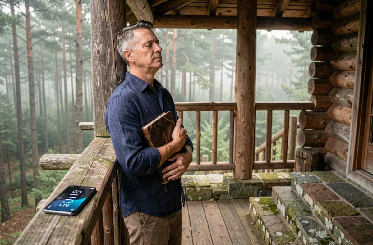 Homme en méditation sur une terrasse de chalet en forêt avec un téléphone affichant 11h11, évoquant la mission d'âme et la pleine conscience