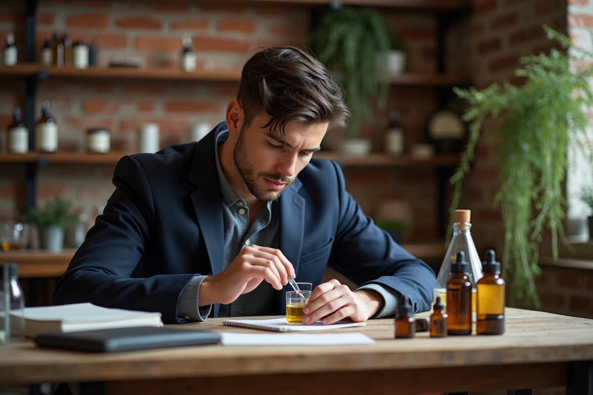Jeune homme mélangeant des essences dans un atelier moderne