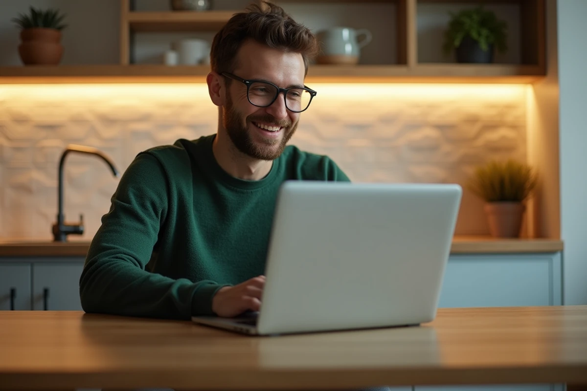 Homme souriant découvrant Monopoly Go sur son ordinateur