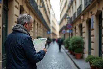 Homme avec carte dans une ruelle parisienne étroite