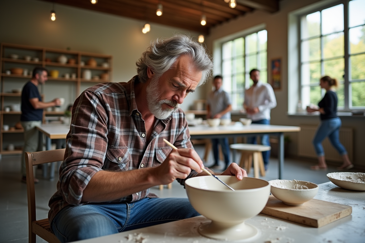 Homme peignant une coupe en céramique dans un atelier