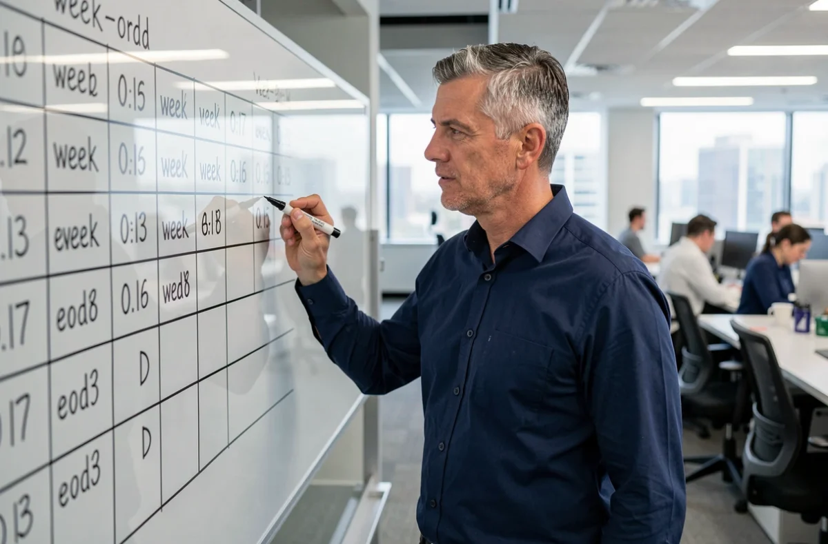 Homme écrivant un planning de semaines paires et impaires sur un tableau blanc dans un open space