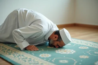 Homme en prière effectuant le sujud sur un tapis de prière lors de la salat du Maghreb