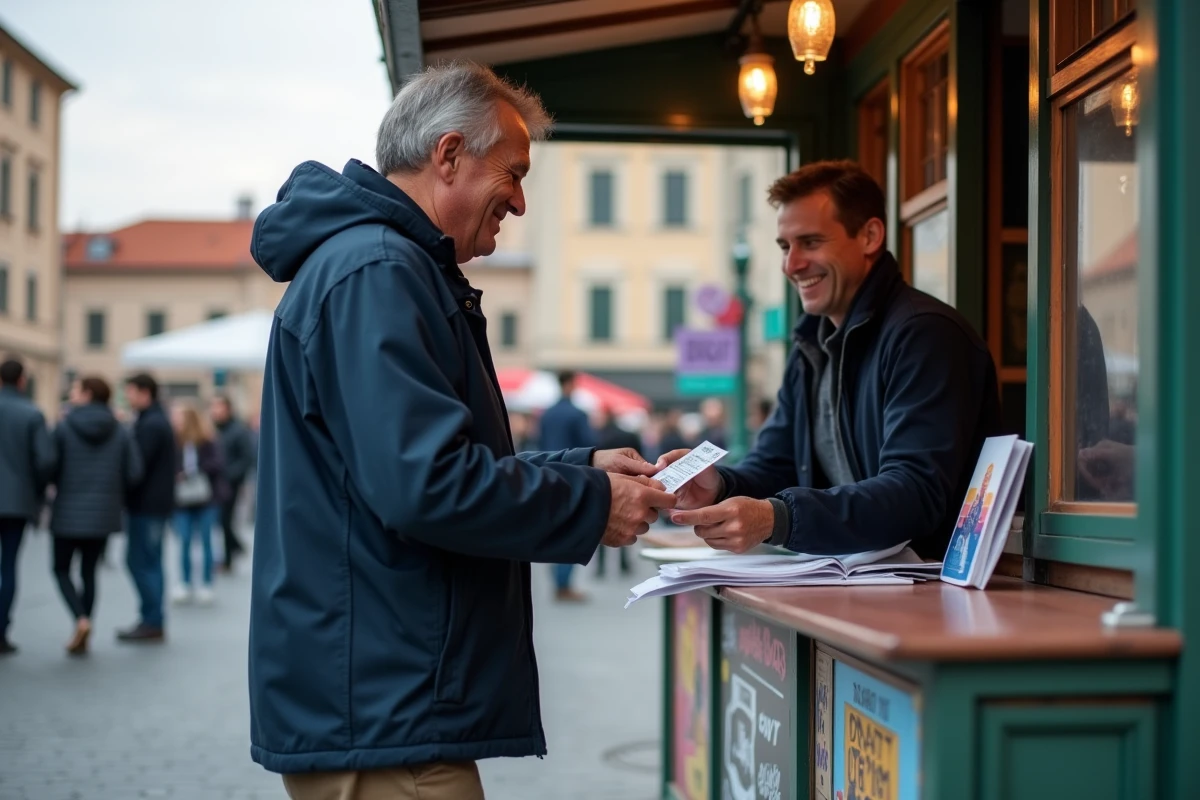 Homme recevant un billet de festival à la billetterie en plein air