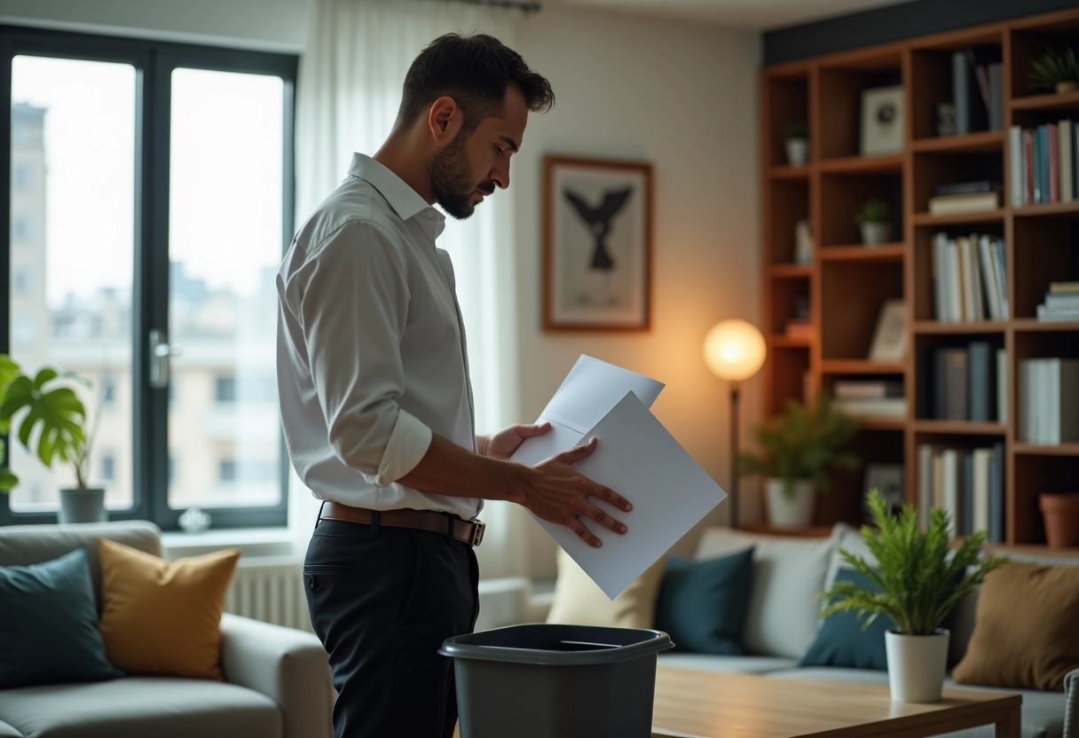 Homme dans le salon jette des enveloppes dans une poubelle de recyclage