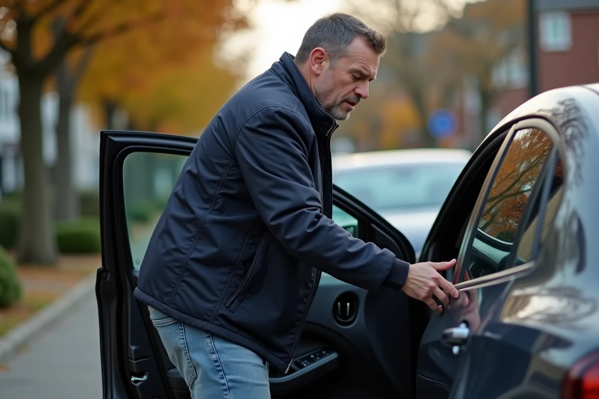 Homme reprogrammant la fréquence radio Skyrock sur l'autoradio de sa voiture en bord de rue