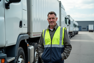 Homme avec gilet de sécurité près d'un camion blanc