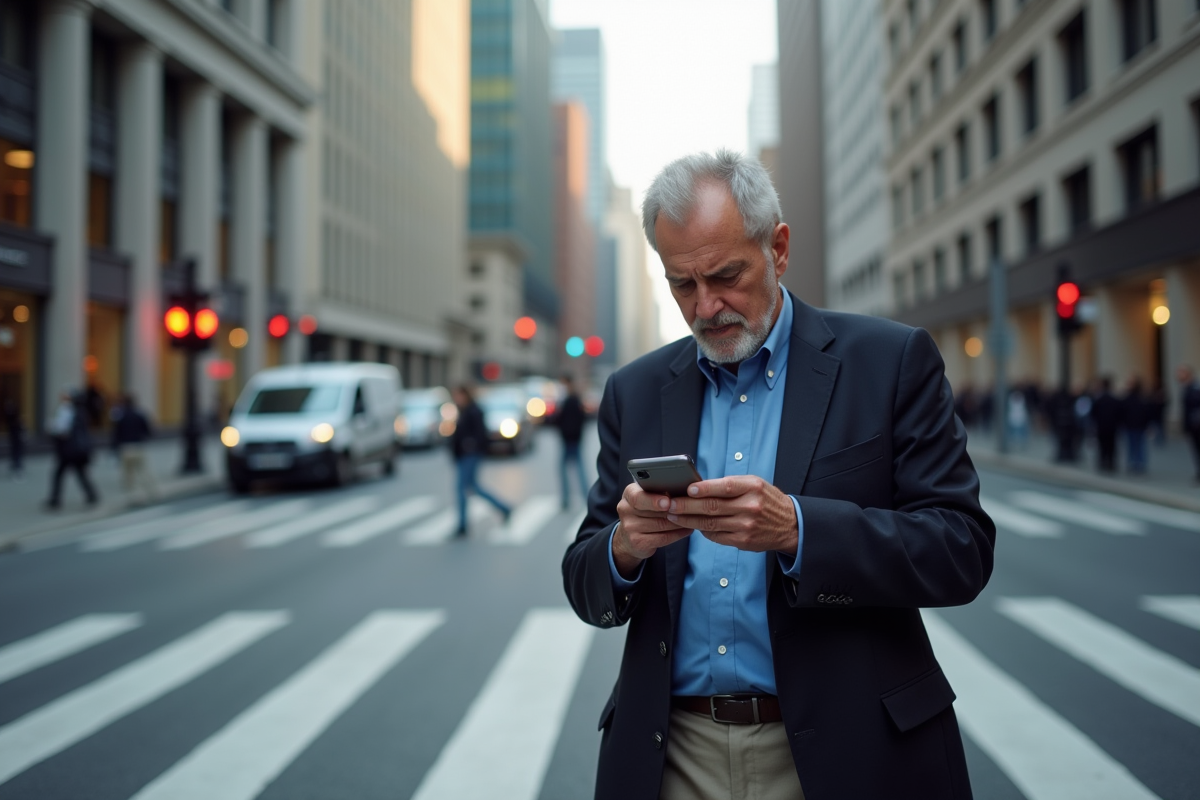 Homme d age checkant son smartphone dans la ville