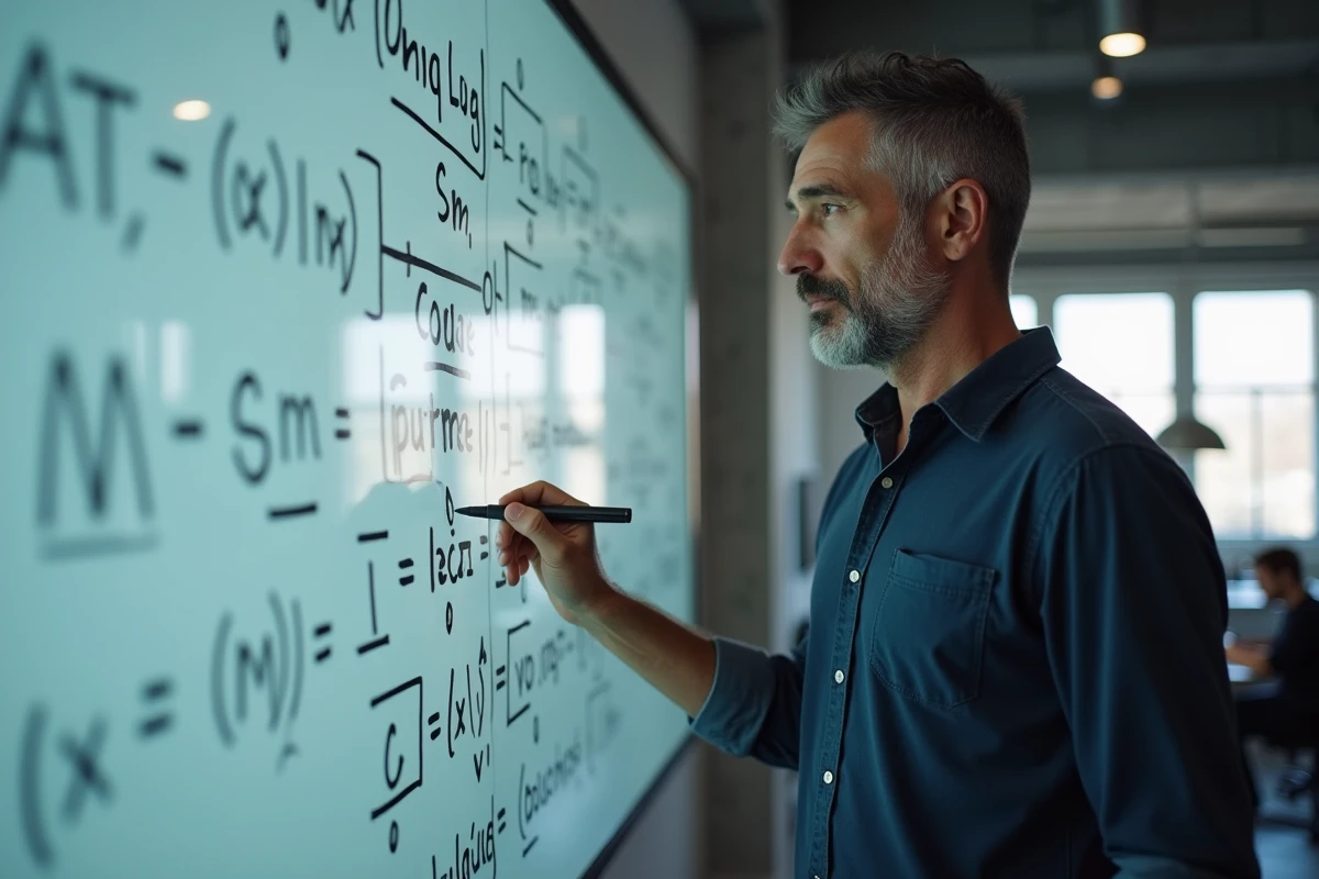 Homme devant un tableau blanc rempli d'équations logiques et de casse-têtes dans un bureau moderne