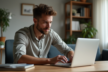Jeune homme au bureau à domicile avec routeur moderne