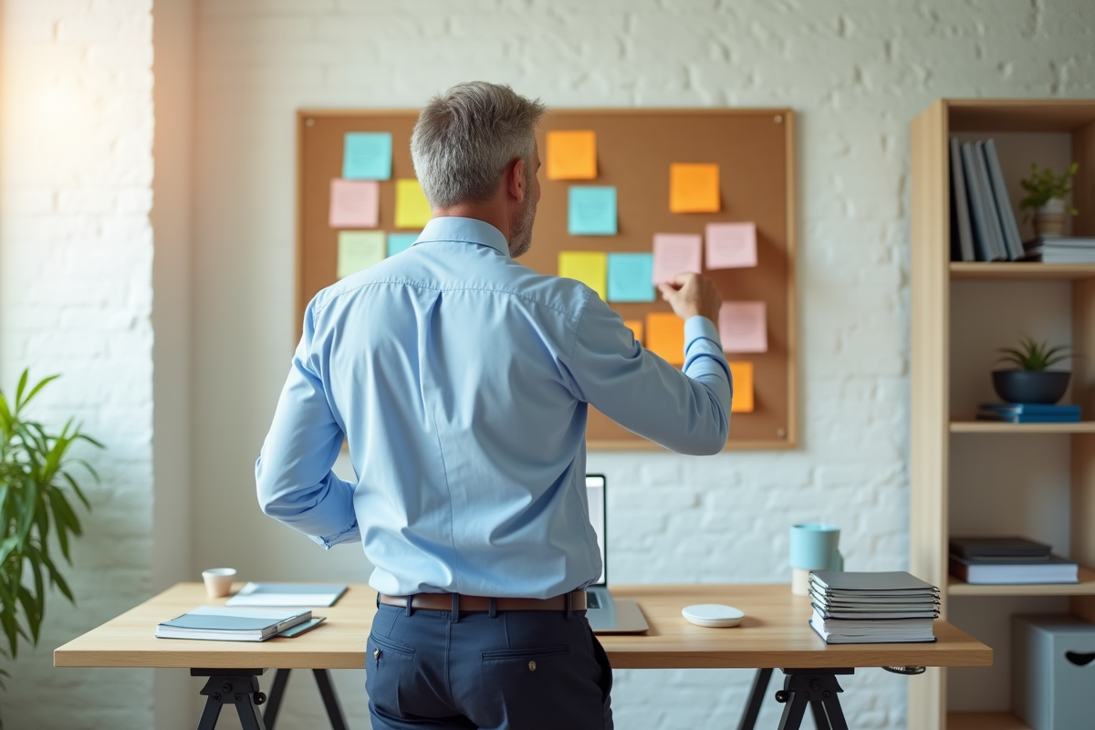 Homme organisant des notes colorées dans son bureau