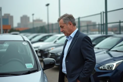 Homme d'âge moyen inspectant une voiture d'occasion en extérieur