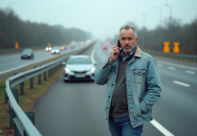 Homme français en panne sur l'autoroute avec téléphone
