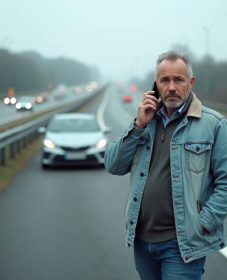 Homme français en panne sur l'autoroute avec téléphone