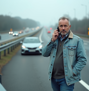 Homme français en panne sur l'autoroute avec téléphone