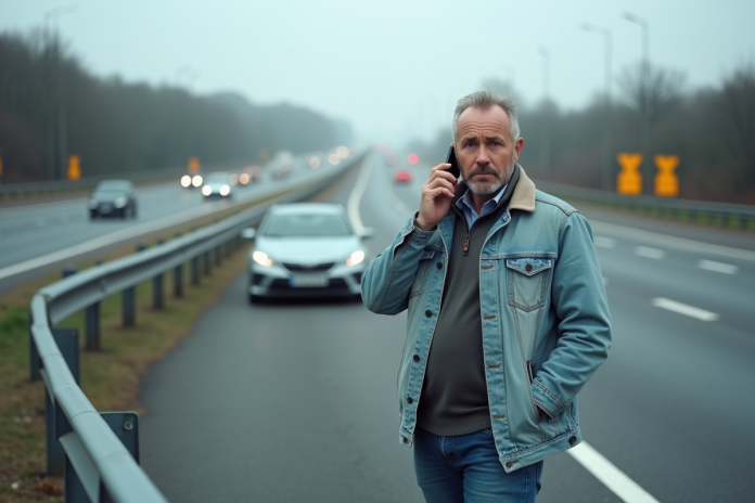 homme-voiture-panne-autoroute Homme français en panne sur l'autoroute avec téléphone