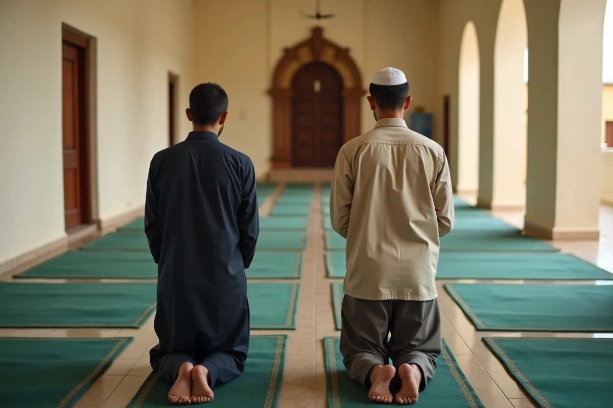Deux hommes en position de ruku côte à côte dans une mosquée de quartier lors de la salat du Maghreb