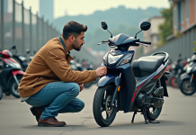 Où dénicher une Honda Dax 125 d’occasion fiable à bon prix Homme vérifiant une Honda Dax 125 en extérieur