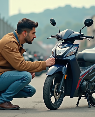 Homme vérifiant une Honda Dax 125 en extérieur