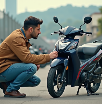 Homme vérifiant une Honda Dax 125 en extérieur