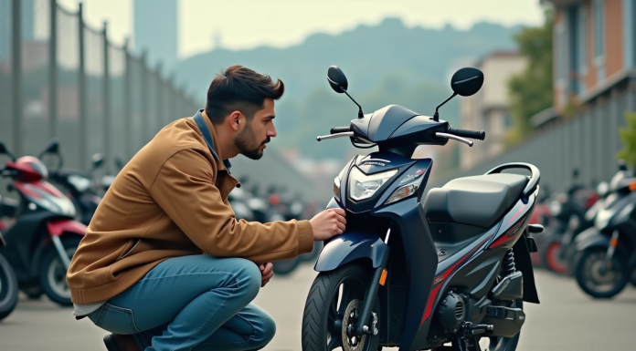 Homme vérifiant une Honda Dax 125 en extérieur