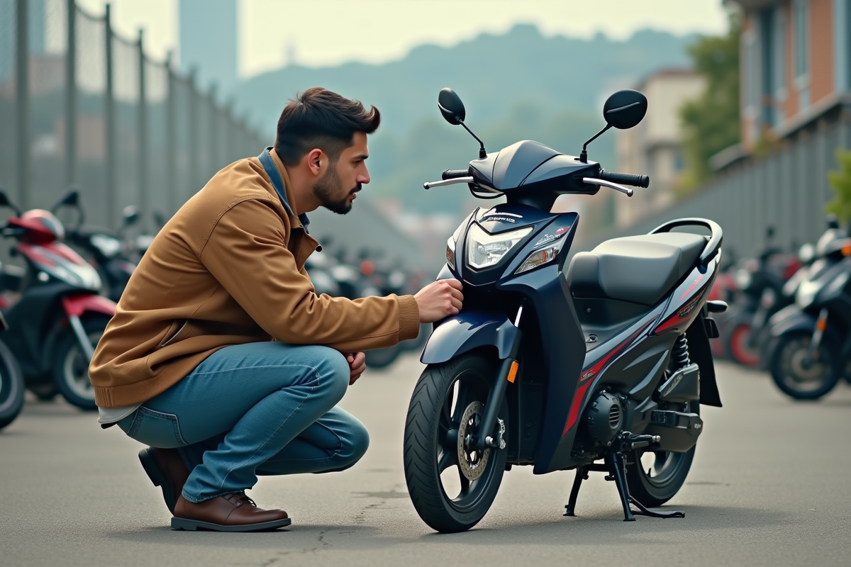 Homme vérifiant une Honda Dax 125 en extérieur