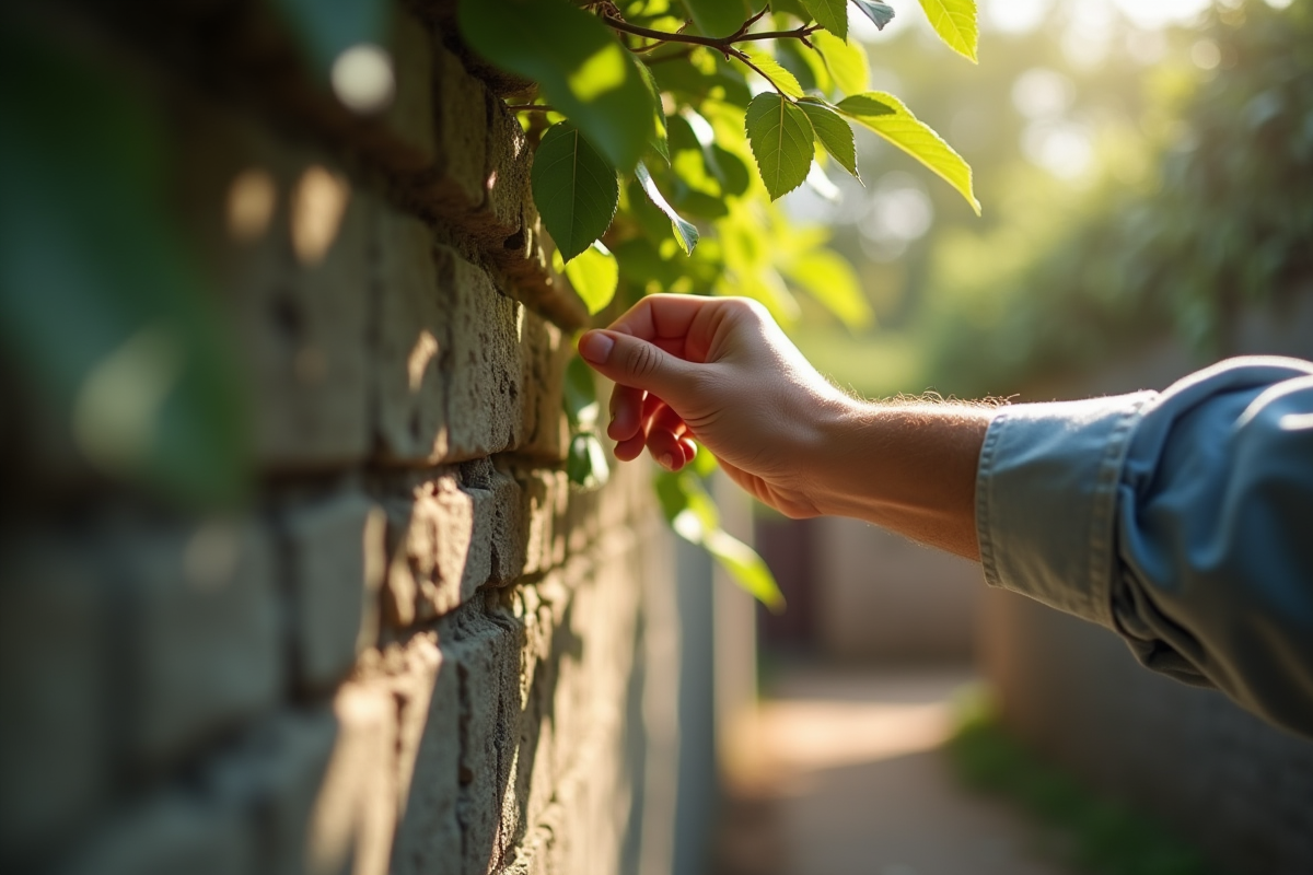 Mains inspectant un mur de clôture sous branches