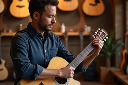 Guitariste inspectant le manche d'une guitare acoustique dans un magasin de musique pour vérifier la qualité avant achat