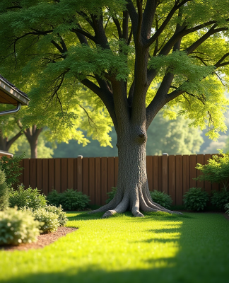 Jardin bien entretenu avec grand arbre près de la clôture