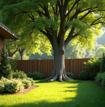 Jardin bien entretenu avec grand arbre près de la clôture
