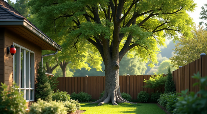 Jardin bien entretenu avec grand arbre près de la clôture