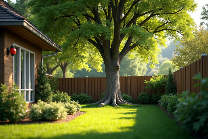 Jardin bien entretenu avec grand arbre près de la clôture